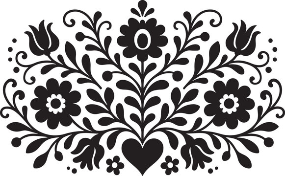 Traditional folk art floral pattern with symmetrical design featuring blooming flowers, delicate leaves, scrolling vines, and a central heart isolated on white background, Vector, illustration