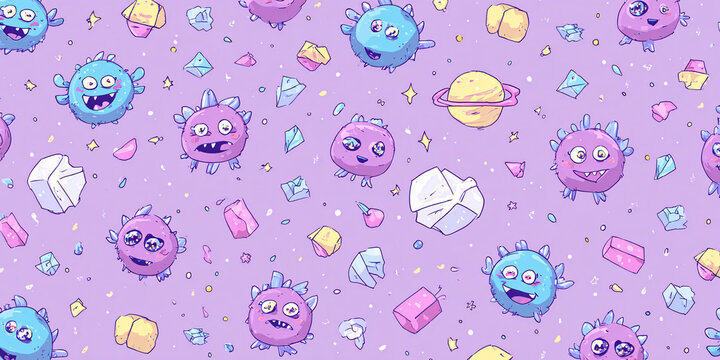 Playful cartoon monsters seamless pattern on pastel purple background with geometric shapes and planet Whimsical vector illustration for kids, textile, and design - Powered by Adobe
