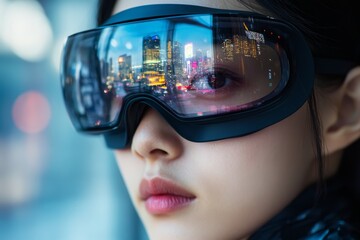 Close-up of an Asian woman wearing virtual reality glasses, with the cityscape reflected on her goggles