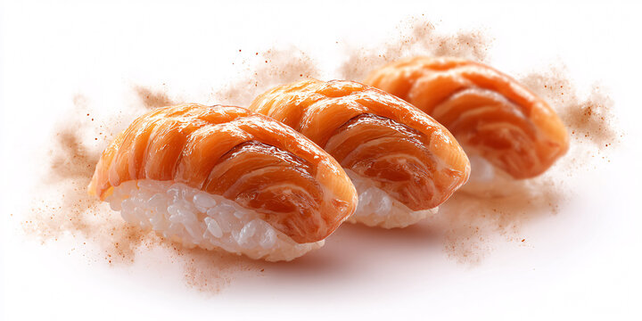 Delicious Salmon Nigiri Sushi with Rice on White Background Closeup of Japanese Cuisine, Traditional Food, and Healthy Eating - Powered by Adobe