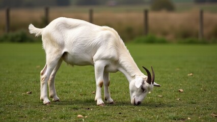 Obraz premium A white goat is peacefully grazing in a lush green field, perfect for rural or natural scenes