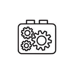 A black and white line drawing of a rectangular object with gears inside and two knobs on top