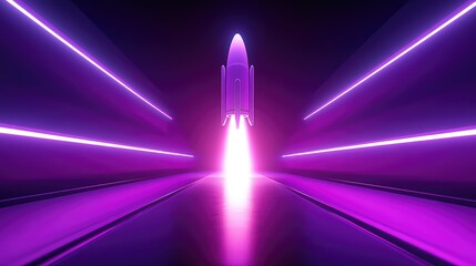 Rocket launching in futuristic neon purple tunnel