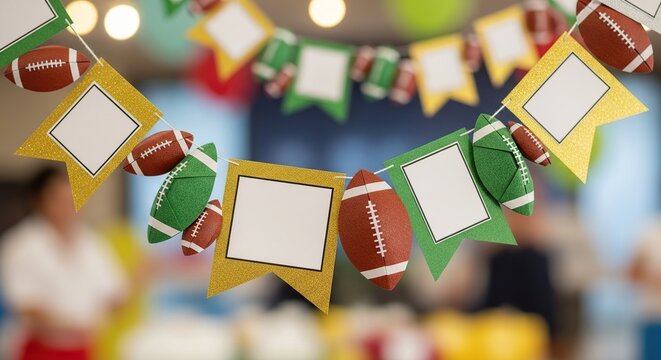 Festive american football themed party banner with blank squares for customization and decorative elements for a sports celebration