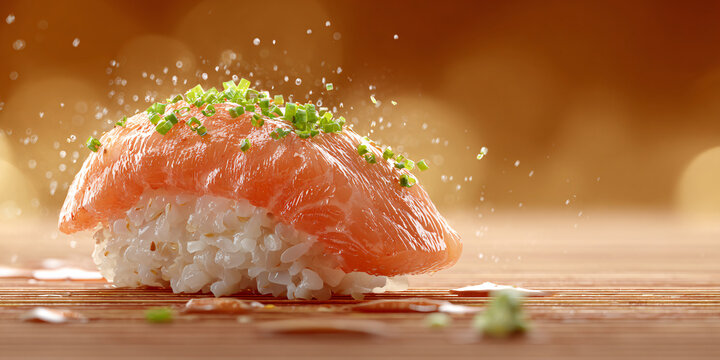 Delicious salmon nigiri sushi with chives and sparkling sake on a wooden table Closeup of traditional Japanese cuisine with fresh ingredients and elegant presentation