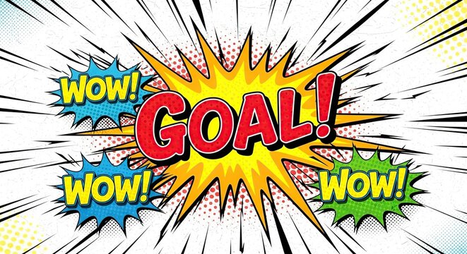 Explosion of excitement and achievement with the word goal in bold red letters surrounded by wow speech bubbles and dynamic radial lines