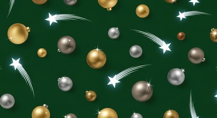 Festive seamless pattern of golden and silver easter eggs and shooting stars on a deep green background for holiday celebrations