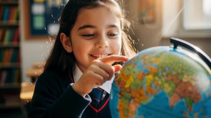 A happy schoolgirl points to a country on a world globe in a classroom. A curious student learning geography during a lesson. Childhood education and discovery concept - Powered by Adobe