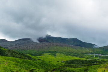 The Nakadake crater is a larger active crater of the Mount Aso volcano allowing impressive views into the volcano and the surrounding nature, Kumamoto, Japan