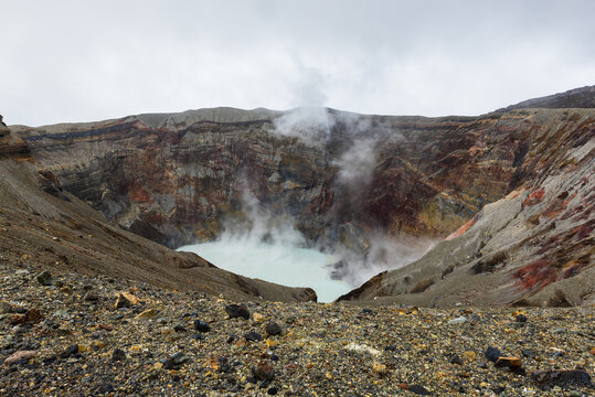 The Nakadake crater is a larger active crater of the Mount Aso volcano allowing impressive views into the volcano and the surrounding nature, Kumamoto, Japan