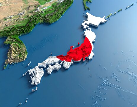 3D rendered depiction of Japanese islands and flag