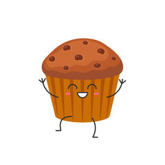 Cartoon character cute muffin greets, sweet baked goods, pastry, smile face kawaii joy happy emotions icon vector illustration.