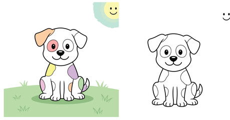 Obraz premium Adorable Cartoon Puppy Sitting with Spots - Line Art and Colored Version for Children's Books and Coloring Activities
