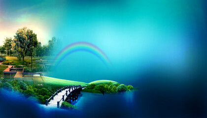 Serene landscape featuring a bridge over tranquil water under a vibrant rainbow and lush greenery