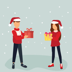 Giving gifts for Christmas concept. Happy man and woman giving gift. Girlfriend and boyfriend in love. Happy holiday congratulations. vector illustration