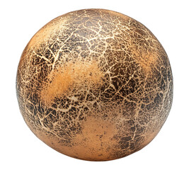 A large, cracked, and weathered eggshell sits on a white background