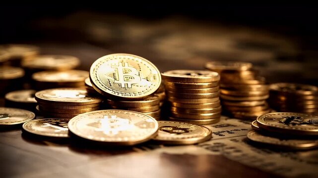 Stock market. Finance investment economy concept. A closeup shot of a pile of gold coins with a Bitcoin coin on top, set against a dark background. The coins are stacked on top of one another.