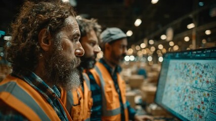 Warehouse workers analyzing data on computer screen - Powered by Adobe