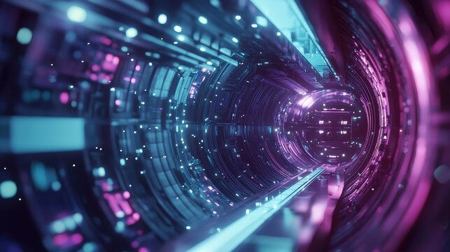 Futuristic data tunnel with glowing neon lights