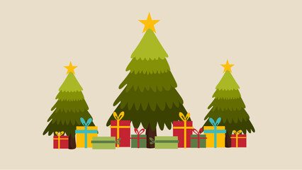 Fototapeta premium Christmas trees with colorful presents arranged neatly in festive scene