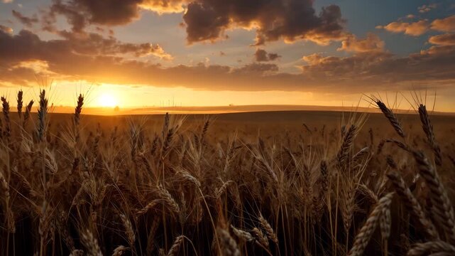 Golden Wheat Field at Sunset with Dramatic Sky