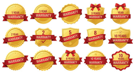Warranty badge collection golden emblem set with red ribbon isolated warranty label product guarantee and assurance