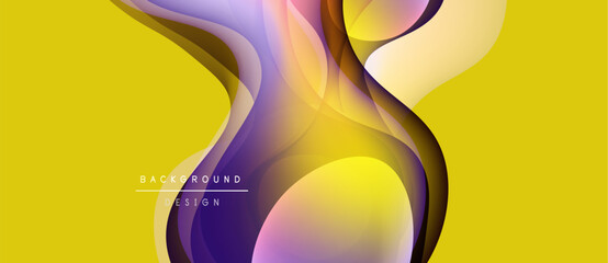 Abstract fluid shapes, yellow purple gradients. Modern design element, dynamic composition. Background suggests movement, energy, visual appeal.