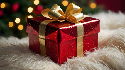 Golden Christmas Gift Box with Red Ribbon