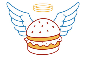 Angelic hamburger with wings and halo, divine fast food graphic.