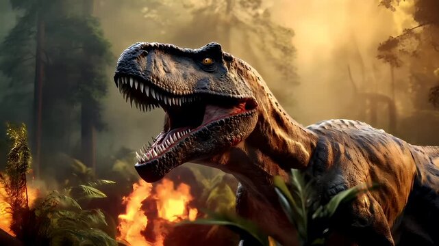 A vivid, realistic portrayal of a roaring dinosaur in a dense forest setting. The dinosaurs mouth is wide open, revealing sharp teeth, and its eyes are focused intently forward.