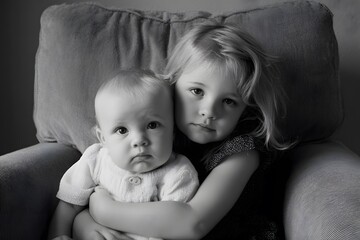 Young girl hugging baby brother while sitting on an armchair  