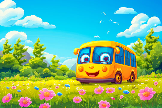 Cartoon retro groovy school bus character. funky yellow bus holding stop sign. Cheerful vehicle personage with mustached smiling face, playful flowers and rainbow transporting students