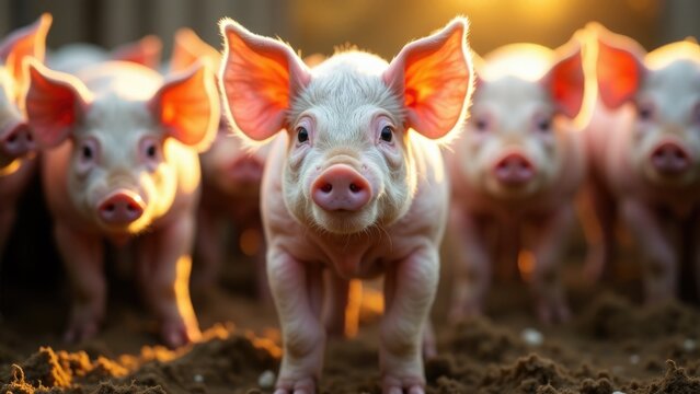 A group of pigs standing side by side, often used in agricultural or farm settings