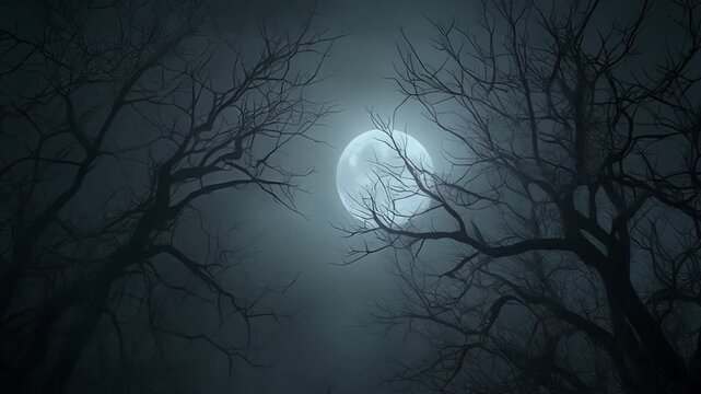 Misty moonlit night with spooky trees