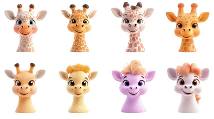 Fototapeta premium transparent background, isolated image. Colorful cartoon giraffe characters with cheerful expressions, showcasing various designs and styles, perfect for children's illustrations and playful themes