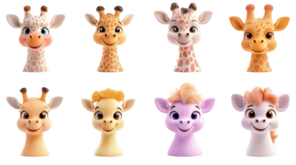 transparent background, isolated image. Colorful cartoon giraffe characters with cheerful expressions, showcasing various designs and styles, perfect for children's illustrations and playful themes