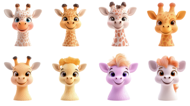 transparent background, isolated image. Colorful cartoon giraffe characters with cheerful expressions, showcasing various designs and styles, perfect for children's illustrations and playful themes