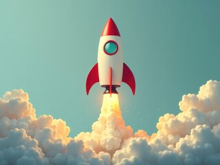 A red and white rocket blasting off into the sky