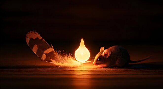 A small mouse with large ears and a long tail is exploring a glowing flame on a dark surface, creating a mysterious and enchanting scene with warm lighting
