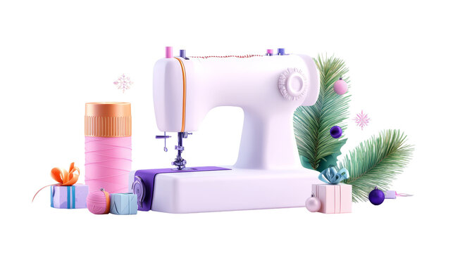 transparent background, isolated image. Sewing machine illustration with colorful threads, gift boxes, and festive decorations, showcasing creativity and holiday spirit in a vibrant design - Powered by Adobe