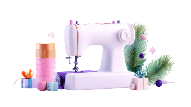 transparent background, isolated image. Sewing machine illustration with colorful threads, gift boxes, and festive decorations, showcasing creativity and holiday spirit in a vibrant design