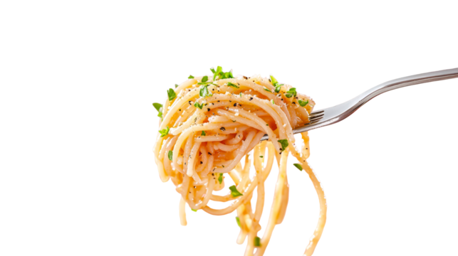 transparent background, isolated image. Fork holding delicious spaghetti with herbs and spices, showcasing a mouthwatering pasta dish perfect for culinary presentations and food photography - Powered by Adobe