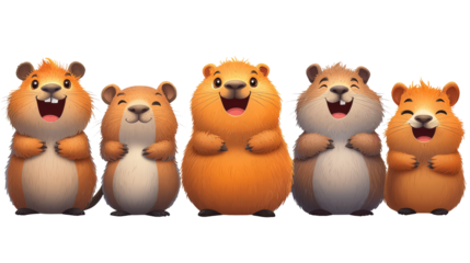 transparent background, isolated image. Group of cheerful cartoon hamsters standing together with fluffy fur and bright expressions, showcasing friendship and joy in a playful illustration