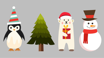 Cute penguin bear and snowman posing with christmas tree background