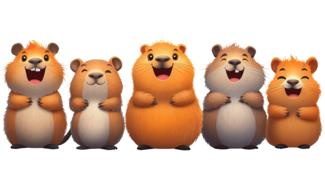 transparent background, isolated image. Group of cheerful cartoon hamsters standing together with fluffy fur and bright expressions, showcasing friendship and joy in a playful illustration