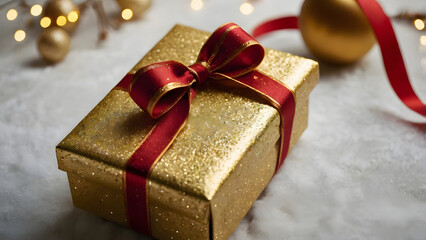 Golden Christmas Gift Box with Red Ribbon