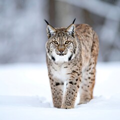 Fototapeta premium Lynx walking in snowy forest