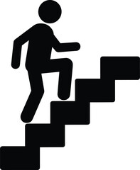 Black silhouette of a person climbing stairs on a white background steps