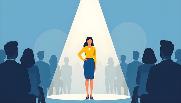 spotlight, talent selection, business illustration, vector art, minimal flat design, leadership concept, chosen candidate, standing out, modern corporate style, silhouettes
