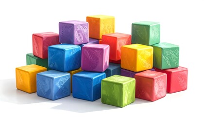 Obraz premium A vibrant pile of colorful, glossy, cube-shaped blocks is stacked against a white background, creating a playful composition